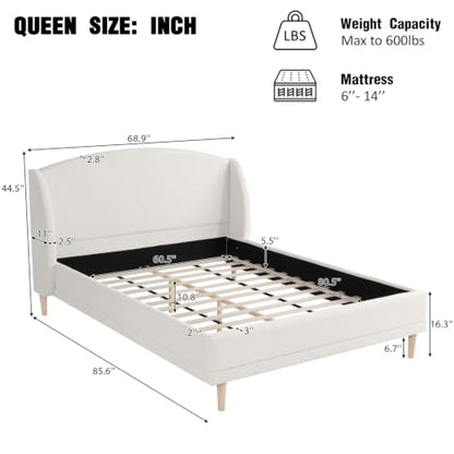 Queen Upholstered Bed Frame with Wingback Headboard (White, Queen) | Cloud Boucle Platform Bed, Solid Wood Legs, Strong Wood Slats Support, No Box Spring Required