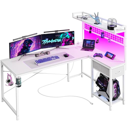 L Shaped Gaming Desk with Shelves, Corner Computer Table with LED Lights, Power Outlets and USB-C Ports, 50 Inch Reversible Home Office Desk with Storage Drawer, for Work and Study, White