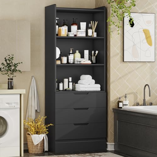 Bookcase with 3 Drawers and Shelves 73.23'' Tall Bookshelf with Storage Modern Wood Closet Drawers System,Closet Organizer Unit Freestanding Tall Storage Cabinet for Home Office,Bathroom,Black
