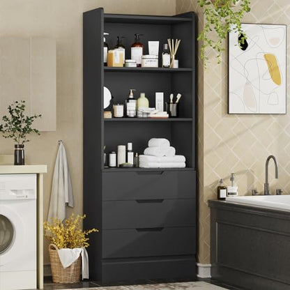 Bookcase with 3 Drawers and Shelves 73.23'' Tall Bookshelf with Storage Modern Wood Closet Drawers System,Closet Organizer Unit Freestanding Tall Storage Cabinet for Home Office,Bathroom,Black
