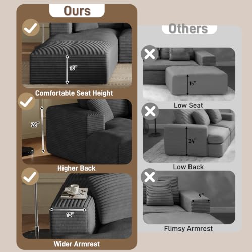 177'' Cloud Couch, Comfy Fluffy Oversized Modular Sectional Couches for Living Room, 8 Seater Modern Plush Corduroy Large Boneless Couch with Ottoman, Deep Seat, No Assembly Required, Dark Grey