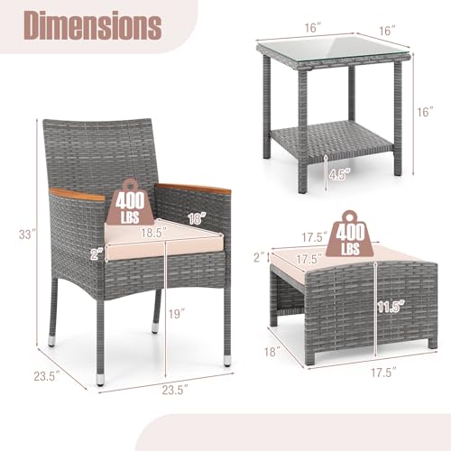 5 Pieces Patio Conversation Set, Outdoor PE Rattan Chairs with Soft Cushions, Ottomans & Tempered Glass Top Table, Acacia Wood Armrests, Patio Furniture Set (Mix Grey+Beige)