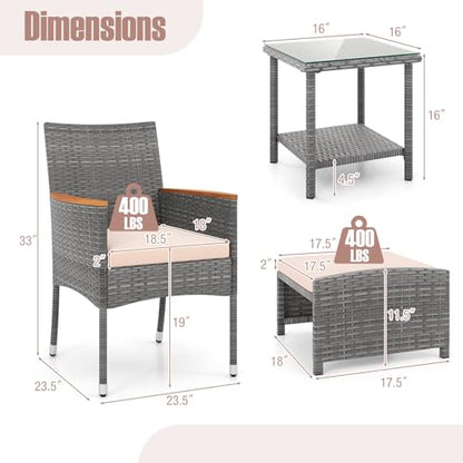 5 Pieces Patio Conversation Set, Outdoor PE Rattan Chairs with Soft Cushions, Ottomans & Tempered Glass Top Table, Acacia Wood Armrests, Patio Furniture Set (Mix Grey+Beige)