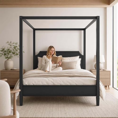 Black Wooden Canopy Bed Frame Queen with Tall Headboard, view 5