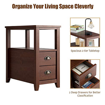 End Table W/ 2 Drawers and Shelf Space-Saving Rectangular Bedside Table with Metal Handle, Retro Side Table for Living Room Bedroom Home Furniture Side Table (1, Brown)