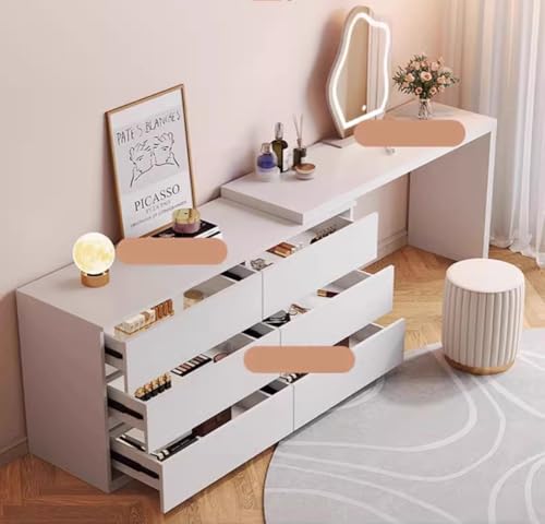 LAKIQ Modern White Makeup Vanity Desk with 6 Drawers Storage Manufactured Wood Adjustable Vanity Dressing Table for Small Space Without Mirror Stool (Vanity Desk Only, (31.5"+47.2")L x 16"W x 29.5"H)