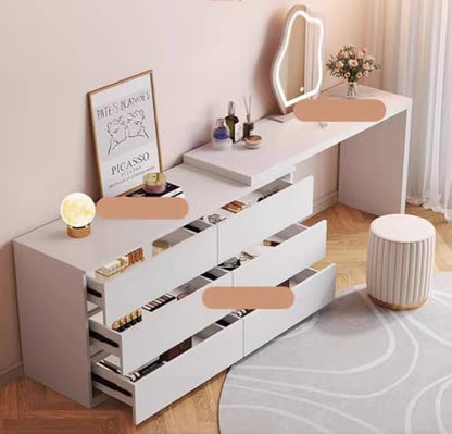 LAKIQ Modern White Makeup Vanity Desk with 6 Drawers Storage Manufactured Wood Adjustable Vanity Dressing Table for Small Space Without Mirror Stool (Vanity Desk Only, (31.5"+47.2")L x 16"W x 29.5"H)