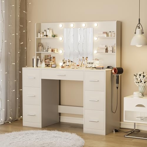 Vanity Desk with LED Mirror,Power Outlet,7 Drawers Makeup Table, view 3