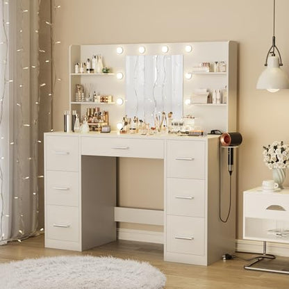 Vanity Desk with LED Mirror,Power Outlet,7 Drawers Makeup Table, view 3