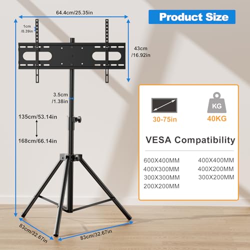 Tripod TV Stand,Outdoor TV Stand for 30-75 inch TVs, Adjustable Height Portable TV Stands with Safety Design, up to 88 lbs, Max VESA 600x400mm, Black(VC-Z1918)