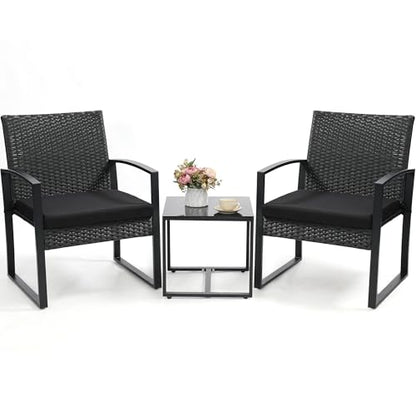 Outdoor 3-Piece Wicker Bistro Set, Rattan Patio Conversation Set with Coffee Table, for Backyard Garden Poolside, Black Frame & Black Cushion