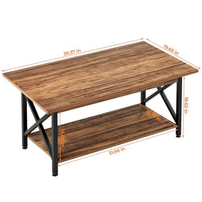 Coffee Table with Storage, 39 inch Modern 2-Tier Coffee Tables for Living Room, X-Frame Design Farmhouse Coffee Table Space Saving Living Room Tables, Easy Assembly, Walnut