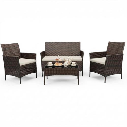 4 Piece Patio Furniture Set, Outdoor Deck Rattan Chair Wicker Combo Furniture, All Weather Dialogue Rattan Sofa with Upholstery and Glass Table for Garden, Backyard, Porch, Lawn, Pool, Brown+White
