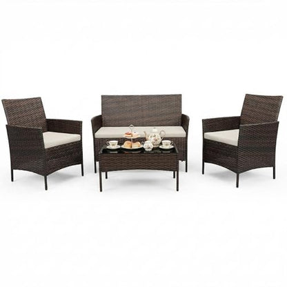 4 Piece Patio Furniture Set, Outdoor Deck Rattan Chair Wicker Combo Furniture, All Weather Dialogue Rattan Sofa with Upholstery and Glass Table for Garden, Backyard, Porch, Lawn, Pool, Brown+White