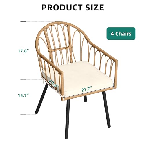 4 Pieces Rattan Wicker Dinning Chairs, Outdoor Indoor Patio Furniture Set with Cushion and Curved Back All Weather Bistro Chair for Garden Backyard Porch Poolside Restaurant (Beige)