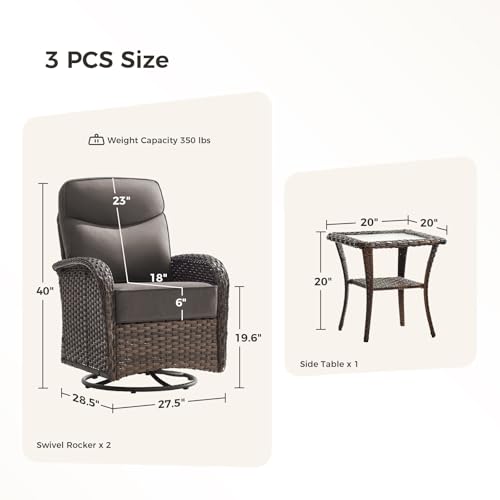 Luxury Outdoor Swivel Rocker Patio Chairs with 6-Inch Thick Cushions, High Back Swivel Glider Patio Chairs, 3PCS Wicker Outdoor Furniture Set for Porch, Patio, Yard, Deck, Poolside, Brown/Grey