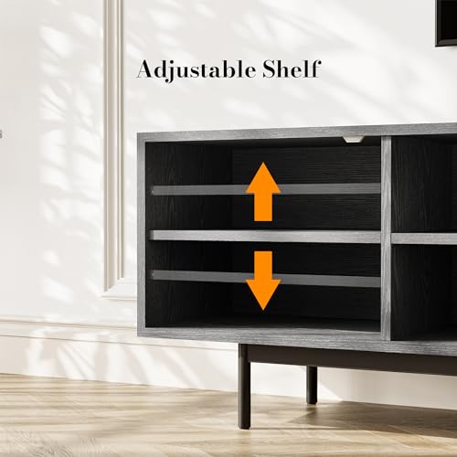 Full Assembled Mid-Century Modern TV Stand with Slatted Doors, Wood Media Console for 80 85+ Inch TV, TV Console with Tall-cast Metal Legs, Entertainment Center with Storage for Living Room