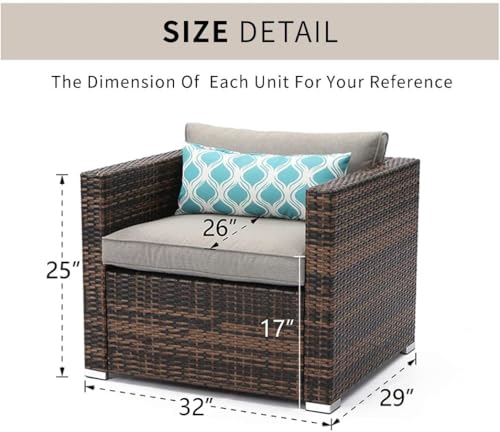 Outdoor Single Chairs All Weather Handwoven Mottlewood Brown Rattan w Warm Grey Cushion w Pillow for Garden, Poolside, Backyard