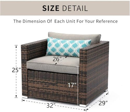 Outdoor Single Chairs All Weather Handwoven Mottlewood Brown Rattan w Warm Grey Cushion w Pillow for Garden, Poolside, Backyard
