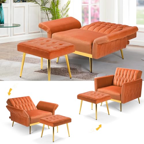 Velvet Accent Chair w/Adjustable Armrests and Backrest, Button Tufted Lounge Chair, Single Recliner Armchair with Ottoman and Pillow for Living Room, Bedroom,Orange