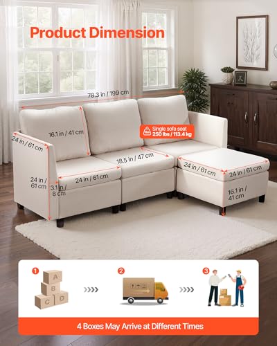 Modular Sectional Sofa, 3-Seater Modular Sofa with Hidden Storage, Customizable Cloud Sectional Couch with Ottoman, Solid Wood Frame Upholstered Couch for Living Room, Bedroom, Beige
