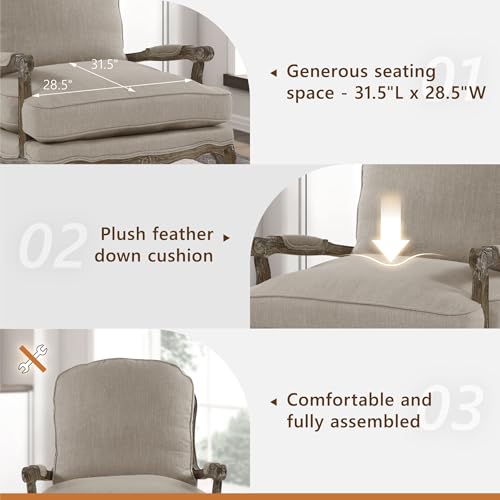 Parlier Show Wood Accent Chair - Mid Century Modern Chair for Living Room, Traditional French Country Style, Padded Arms, Reversible Cushion, Solid Wood Frame, Arrives Assembled, Neutral