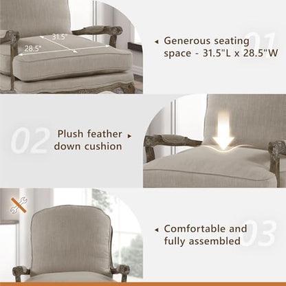 Parlier Show Wood Accent Chair - Mid Century Modern Chair for Living Room, Traditional French Country Style, Padded Arms, Reversible Cushion, Solid Wood Frame, Arrives Assembled, Neutral