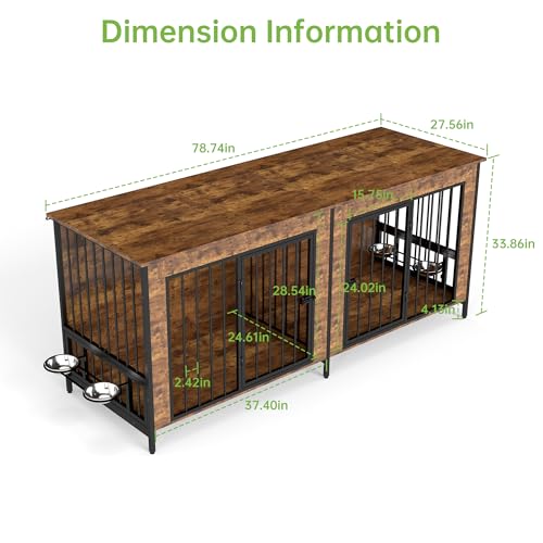 78" Dog Crate Furniture, Rotating Bowl Rack, Steel Frame, Brown, view 5
