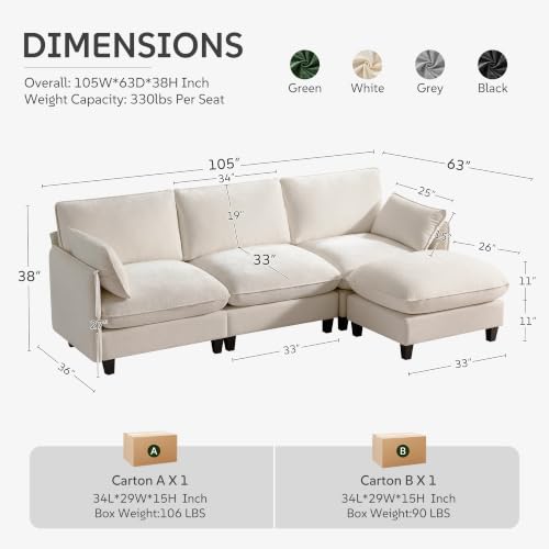 105" Modular Sectional Sofa, L-Shaped Cloud Couch with Oversized Large Cushions & Movable Ottoman, Chenille Deep Seat Couch for Living Room, Beige
