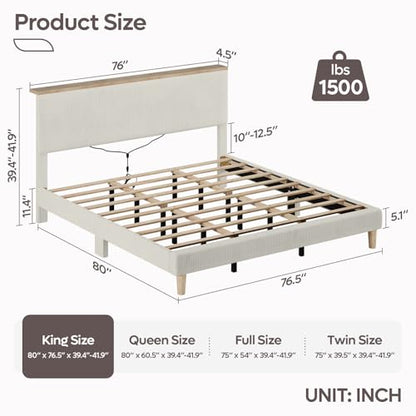 King Bed Frame with Storage Headboard & LED, Upholstered, Beige, view 3