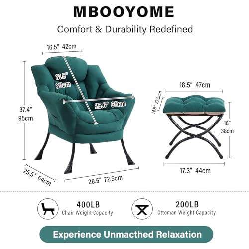 Lazy Chair with Folding Ottoman, Modern Accent Armchair with Armrests and a Side Pocket & Foldable Footstool, Reading Chair for Living Room, Bedroom, Dorm & Office, Dark Green