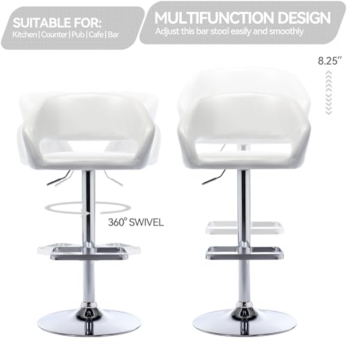 Adjustable Bar Stool with Hollow Back and Arms, Modern PU Leather Swivel Barstool, Airlift Counter Height Bar Chair for Kitchen Dining Room (Pearl White)