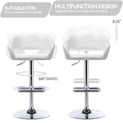 Adjustable Bar Stool with Hollow Back and Arms, Modern PU Leather Swivel Barstool, Airlift Counter Height Bar Chair for Kitchen Dining Room (Pearl White)