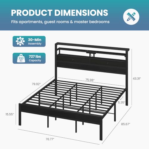 King Bed Frame with Storage, LED Lights and Charging Station, view 3