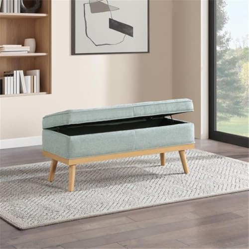 Mid-Century Modern Storage Bench, Mist Green Fabric, Wood Legs, Button-Tufted Design, Soft-Close Hinged Top, 43.5" L x 17" D x 18.5" H, Extra Seating and Hidden Storage for Entryway or