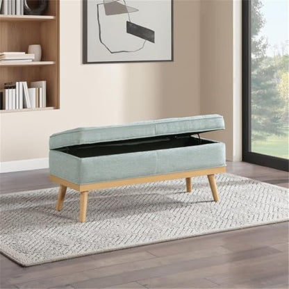 Mid-Century Modern Storage Bench, Mist Green Fabric, Wood Legs, Button-Tufted Design, Soft-Close Hinged Top, 43.5" L x 17" D x 18.5" H, Extra Seating and Hidden Storage for Entryway or
