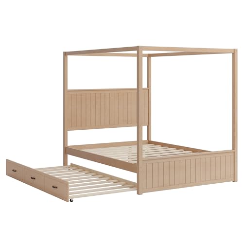 Modern Queen Size Canopy Platform Bed with Trundle & 3 Storage Drawers, view 7