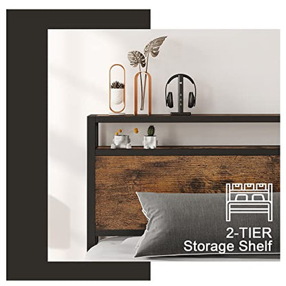 King Size Bed Frame, Platform Bed with 2-Tier Storage Headboard, view 6