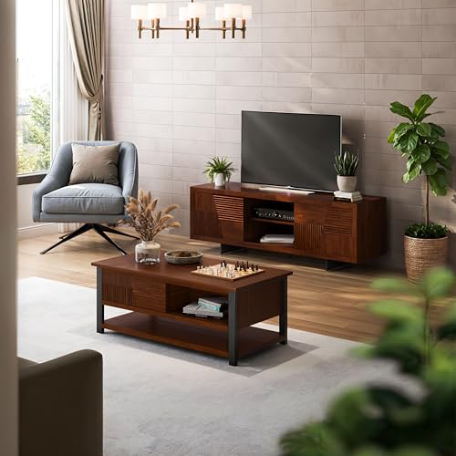 Trapeze Coffee Table for Living Room – Modern Wooden Center Table with Storage, Metal Legs, Large Walnut Coffee Table for Stylish Living Room Furniture Setup