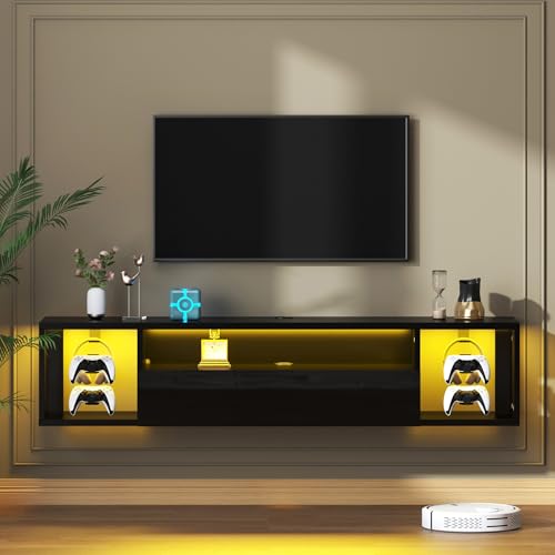 55 Inch Wall Mounted Floating TV Stand with LED Lights & Shelves, view 2