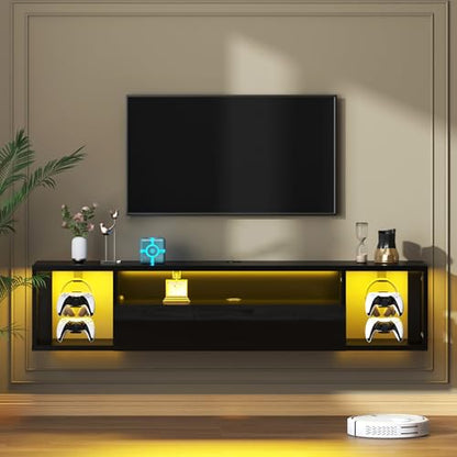 55 Inch Wall Mounted Floating TV Stand with LED Lights & Shelves, view 2