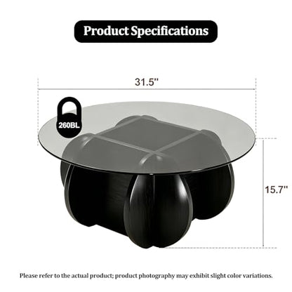 Black Coffee Table, 31.5" Round Glass Coffee Table for Living Room Mid Century Modern Coffee Table Unique Circle Center Table with Wood Base