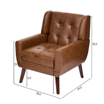 Faux Leather Accent Chair, Modern Upholstered Club Arm Chair for Living Room, Comfy Armchair Single Sofa Seat with Solid Wooden Legs (Coffee)