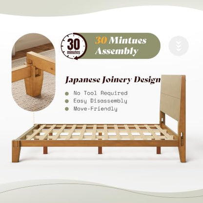 Solid Wood Queen Bed Frame with Headboard, Japanese Joinery, Brown, view 5