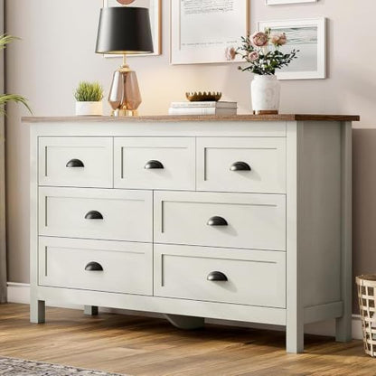 Antique White 7 Drawer Dresser for Bedroom, Farmhouse Wood Chest, view 2