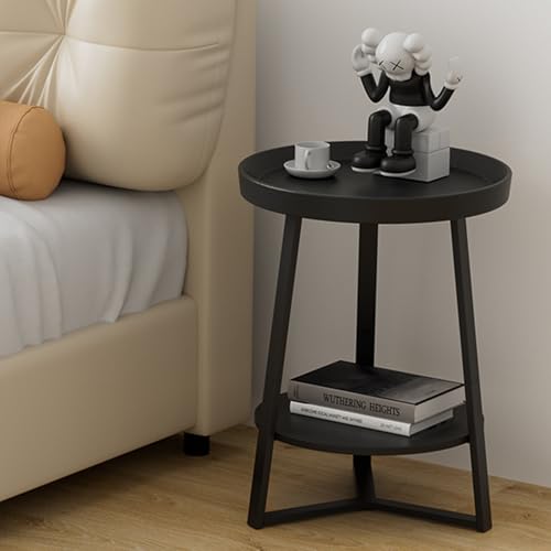Round End Table with Storage Shelf, 2 Tier Farmhouse Side Table Nightstand for Living Room, Bedroom, Wood Tabletop & Black Metal Frame, Black 15.7 * 15.7 * 23.0inches