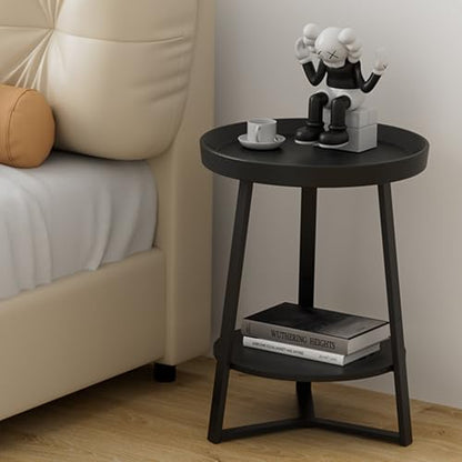 Round End Table with Storage Shelf, 2 Tier Farmhouse Side Table Nightstand for Living Room, Bedroom, Wood Tabletop & Black Metal Frame, Black 15.7 * 15.7 * 23.0inches