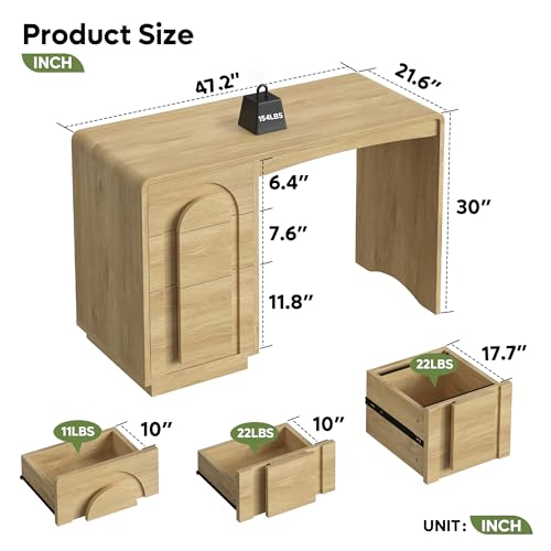 47" Home Office Desk with 3 Drawers, Executive Style, Natural Oak, view 3