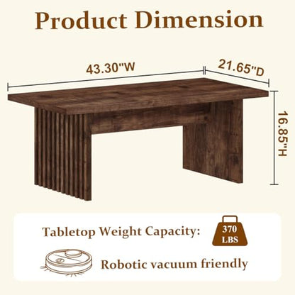 Coffee Table for Living Room, 43Inch Farmhouse Wood Center Table, Rectangle Mid-Century Living Room Tables, Unique Fluted Panel Coffee Tables (Rustic Oak)