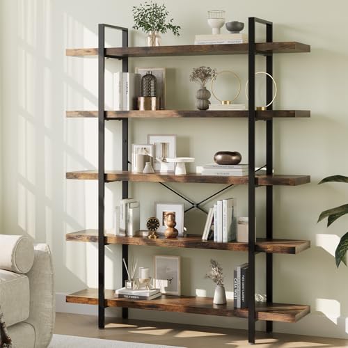 Heavy Duty 5 Tier Industrial Bookcase for Home Office, Rustic Brown, view 2